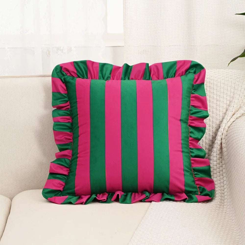 Velvet Striped Pillowcase Lotus Leaf Edge | 18x18 Home Decor