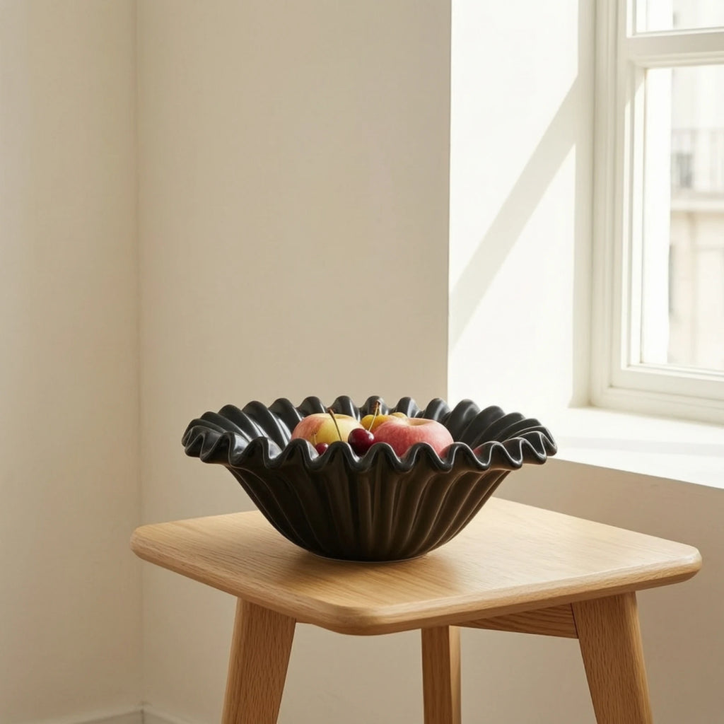 Ceramic Fluted Fruit Bowl with Wavy Rim | Elegant Centerpiece