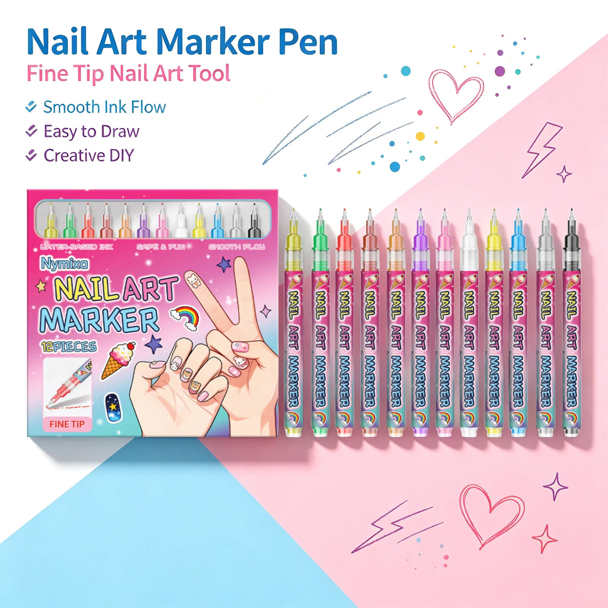 Nymixa 12-Color Nail Art Marker Pen Set – Fine Tip Quick Dry