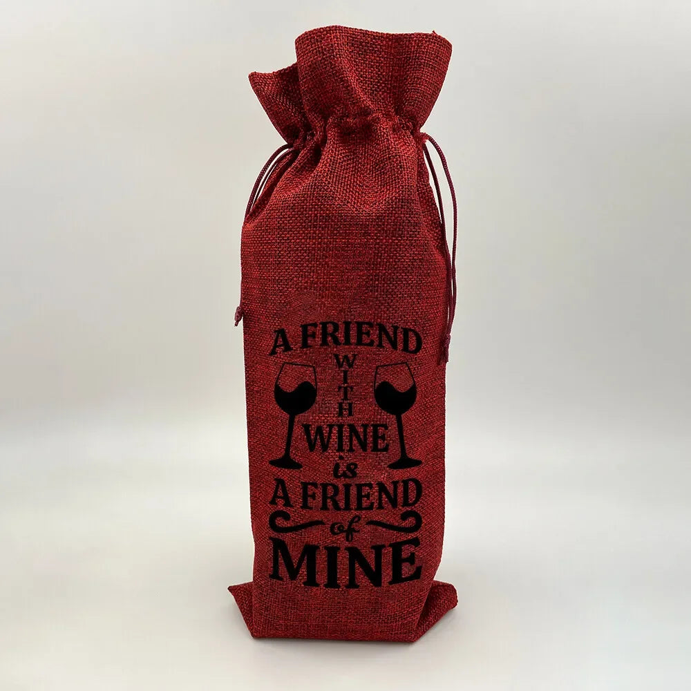 Wine Print Burlap Drawstring Bag – Reusable Eco Gift Pouch