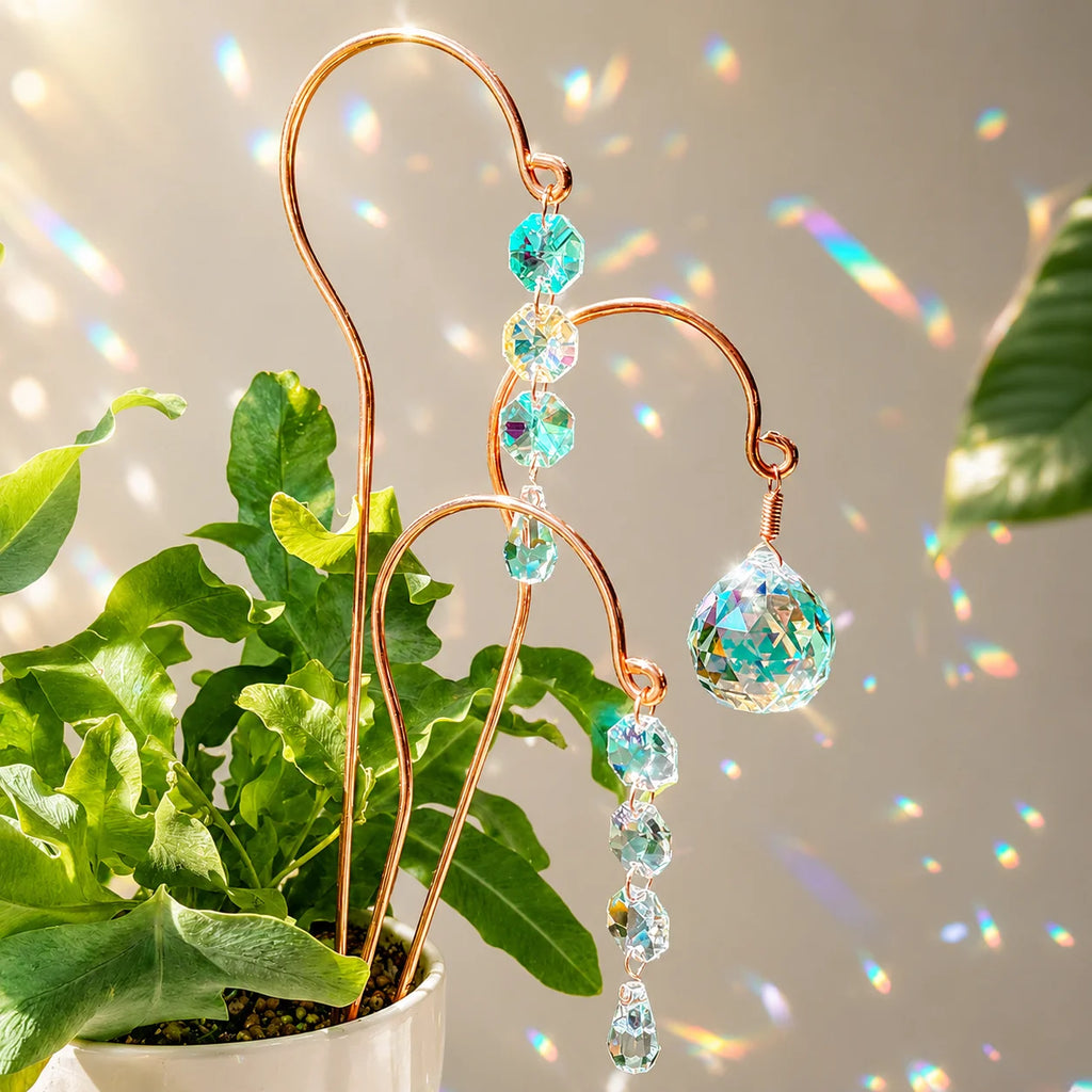 Crystal Suncatcher Plant Stakes with Gold Hooks & Prisms – 2 Pack