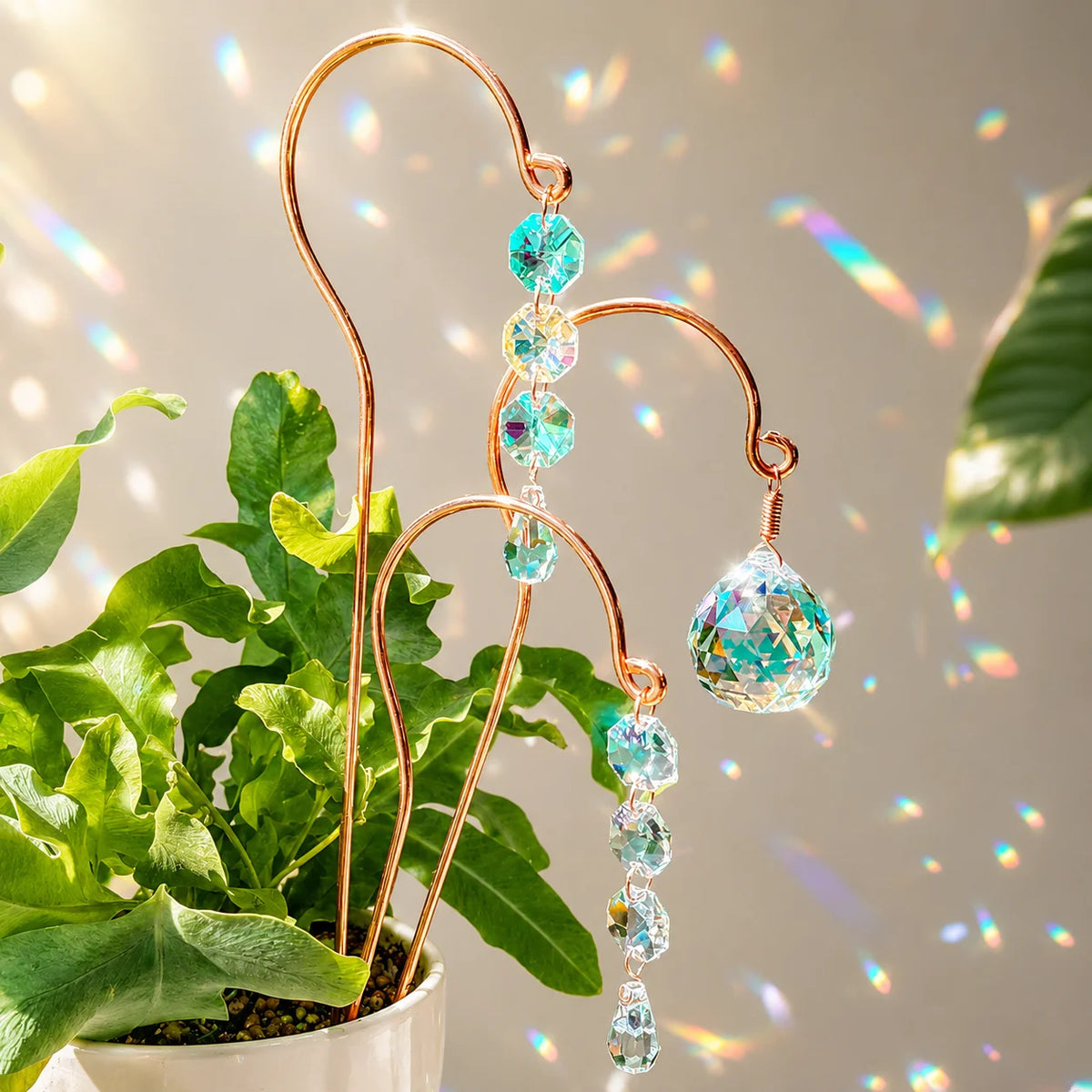 Crystal Suncatcher Plant Stakes with Gold Hooks & Prisms – 2 Pack