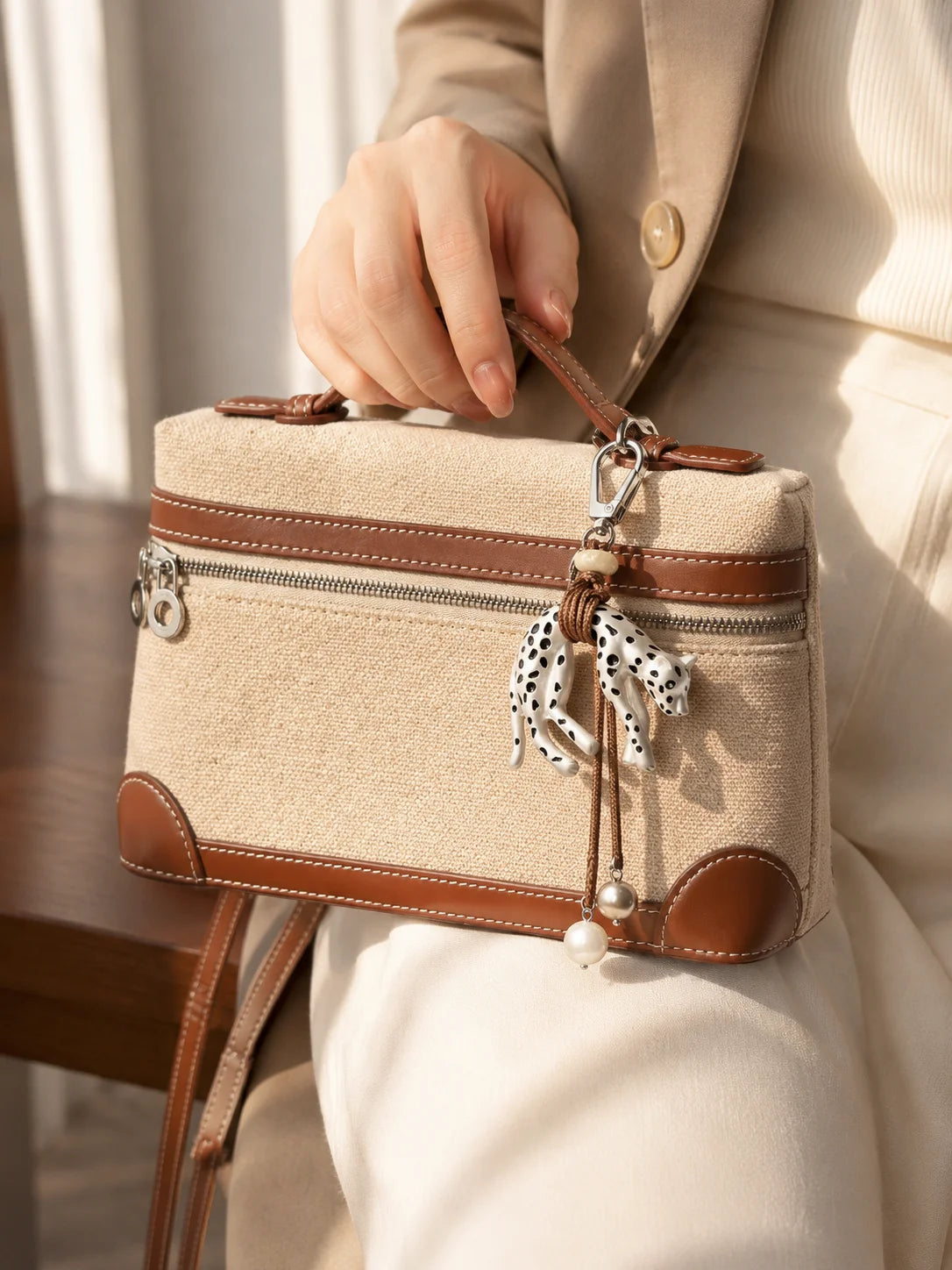 Leopard Bag Charm Keychain – Braided Pendant & Pearl Tassel
