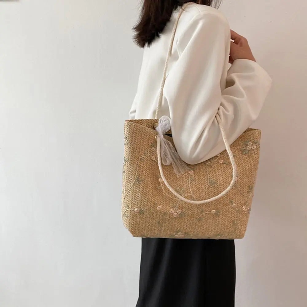 Large Straw Beach Tote Bag – Boho Summer Shoulder Handbag