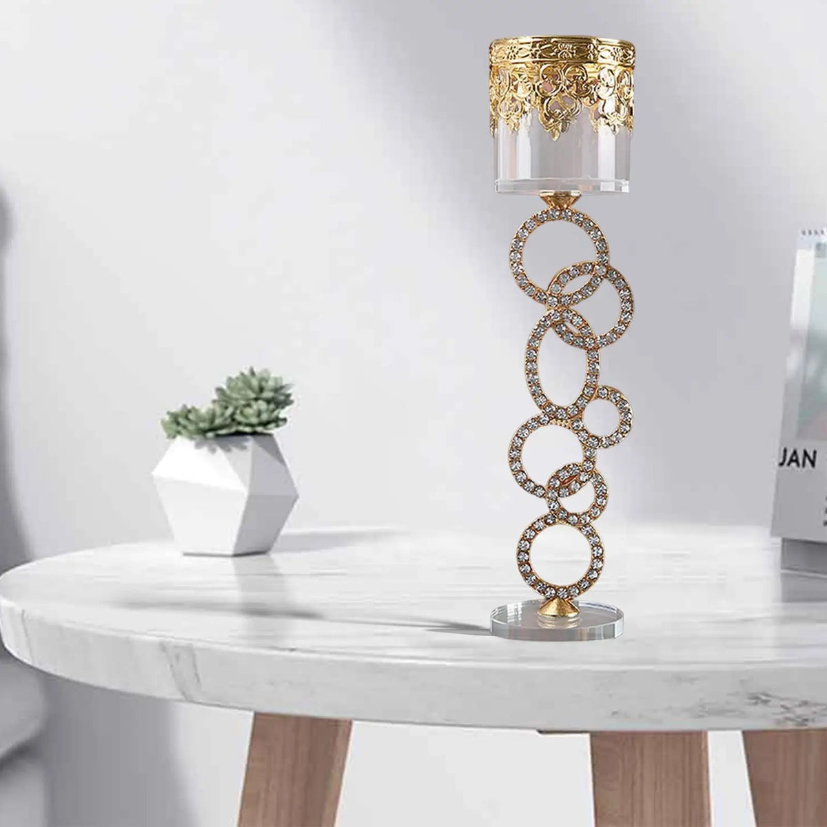 Golden Crystal Glass Candle Holder | Wedding Table Centerpiece