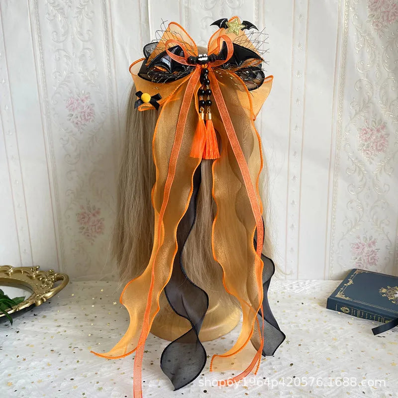 Halloween Witch Hat Hair Bow Clip | Pumpkin & Bat Charm