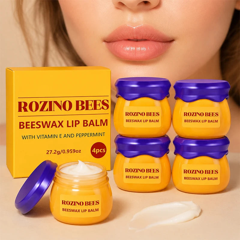ROZINO 4-Piece Honey Pot Lip Balm Set – Beeswax & Vitamin E