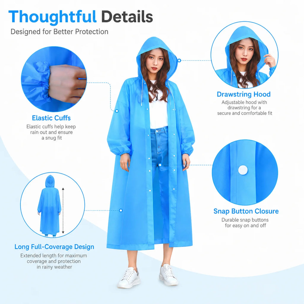 2-Pack Reusable EVA Raincoat Ponchos – Waterproof Hooded Outdoor