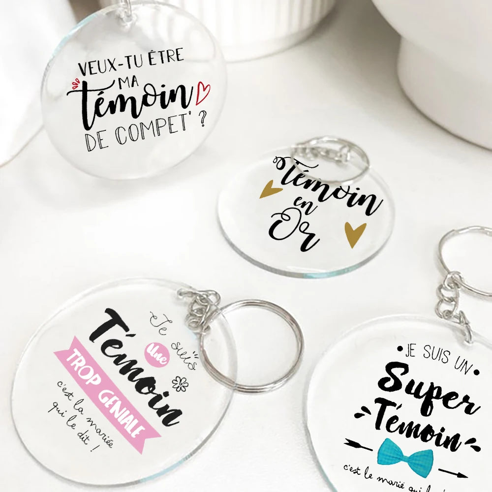 French "Be My Witness" Acrylic Circle Keychain | Wedding Gift
