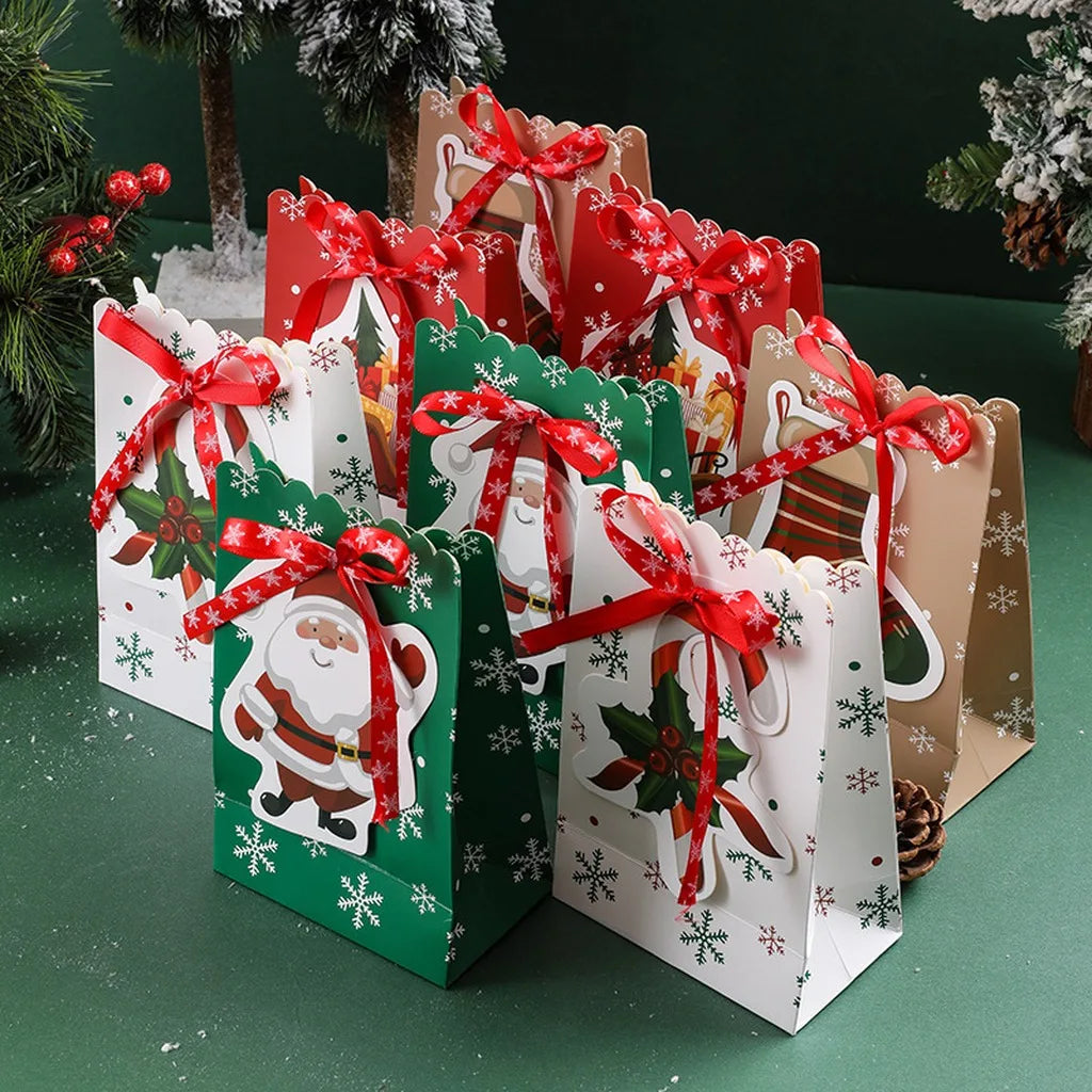 Cartoon Christmas Paper Gift Bag | Snowflake Ribbon Bow Handle