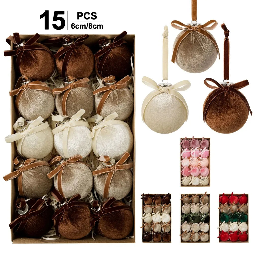15-Pc Velvet Christmas Ball Ornaments Set with Bowknot