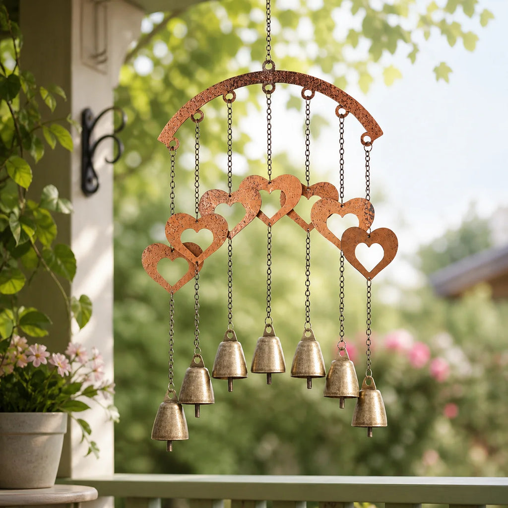 Rustic Heart Wind Chime with Brass Bells | Metal Garden Decor