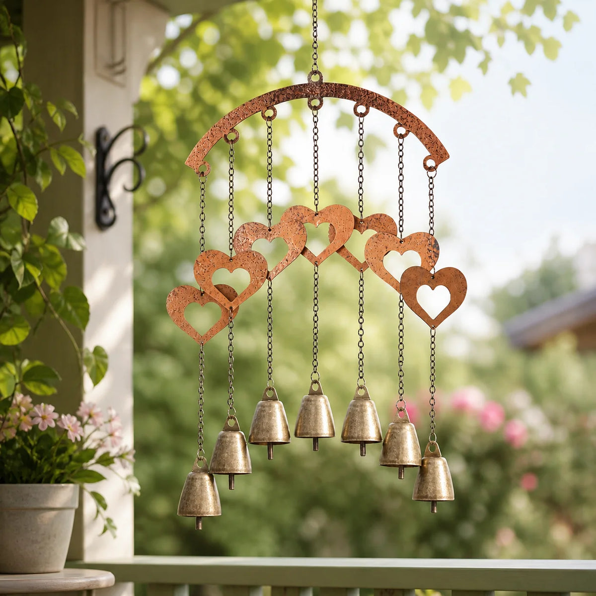 Rustic Heart Wind Chime with Brass Bells | Metal Garden Decor