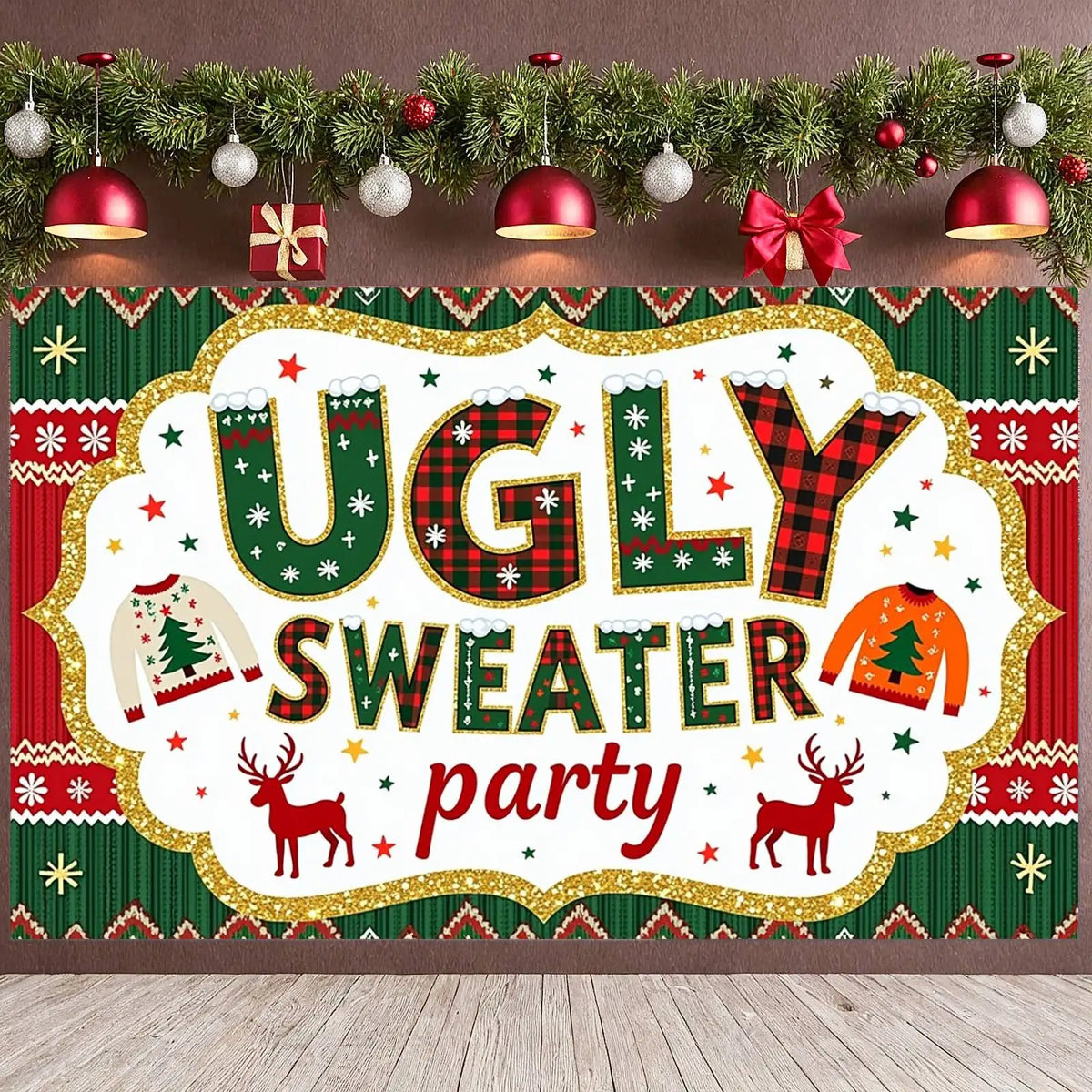 Ugly Sweater Reindeer Holiday Banner – Festive Party Decor