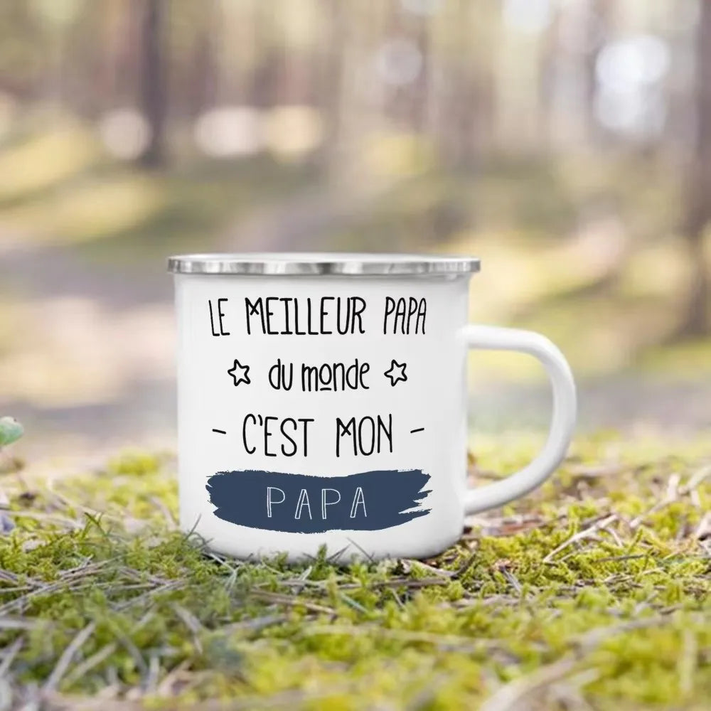 French Print Enamel Camping Mug – Gift for Dad & Mom