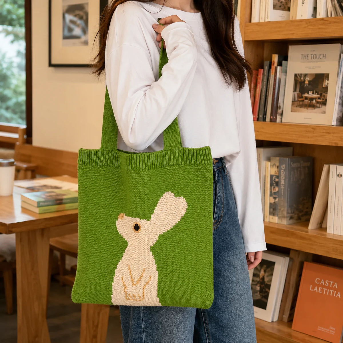 Cute Rabbit Knitted Tote Bag – Large Shoulder Handbag