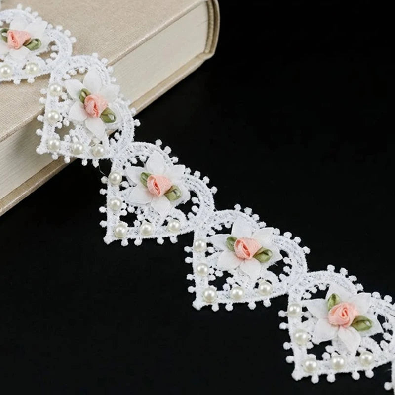 White Heart 3D Rose Lace Trim 91cm – Wedding & DIY Fabric