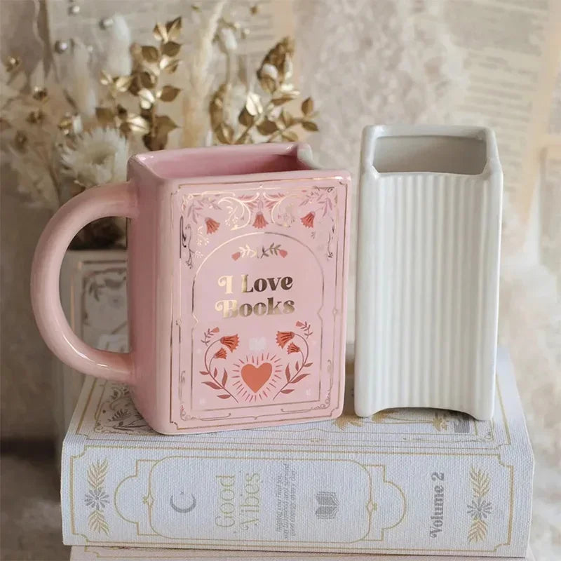 Book-Shaped Ceramic Coffee Mug – Pink, White & Green Gift