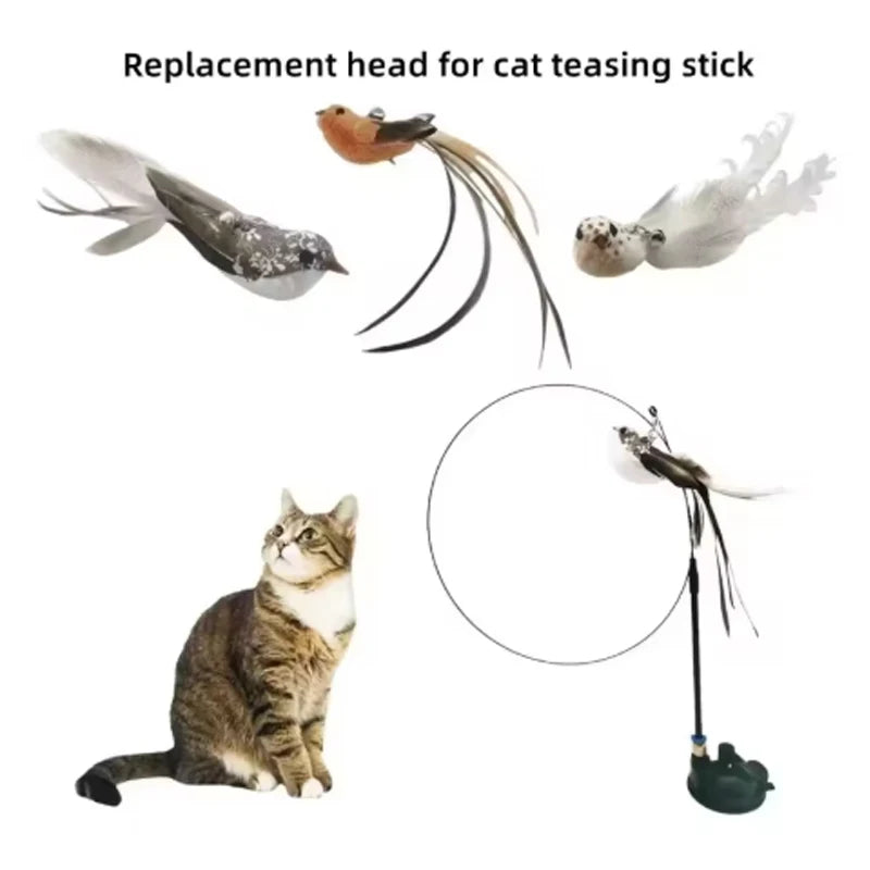 Feather Suction Cup Cat Toy Teaser Stick with Bell & Bird Head