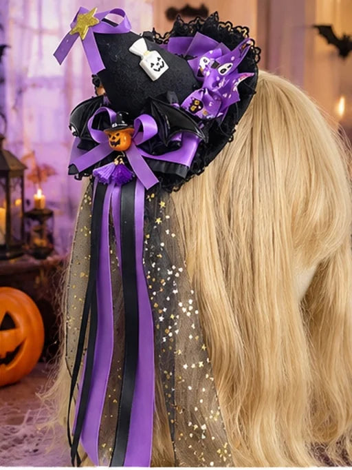 Halloween Witch Hat Hair Bow Clip | Pumpkin & Bat Charm