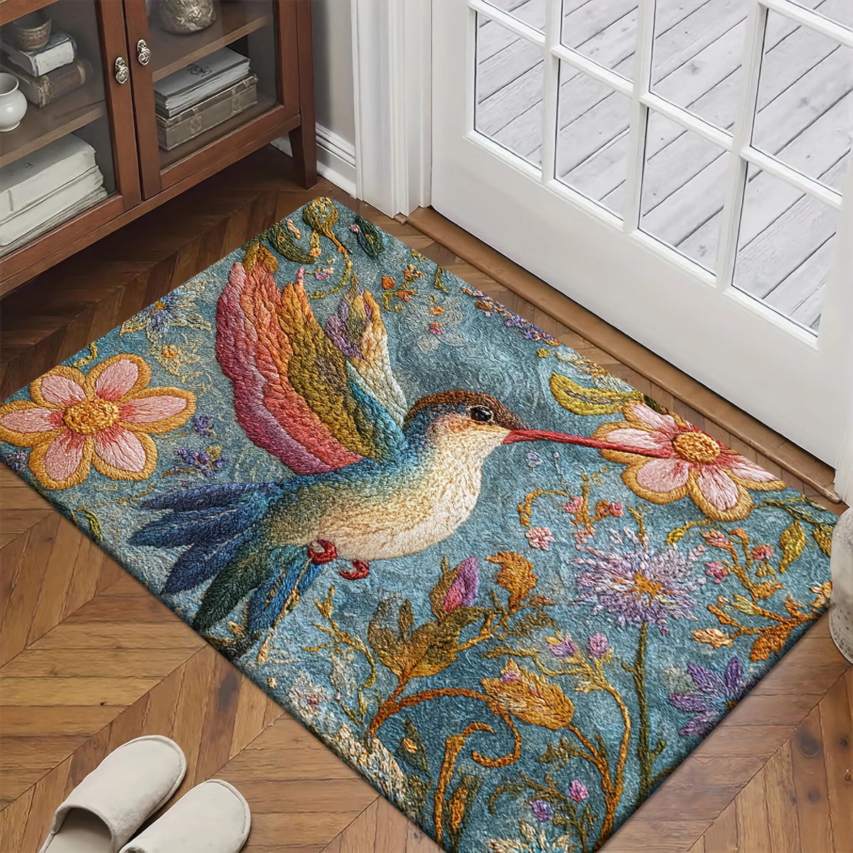 Vintage Hummingbird Doormat – 3D Floral Non-Slip Entryway Rug