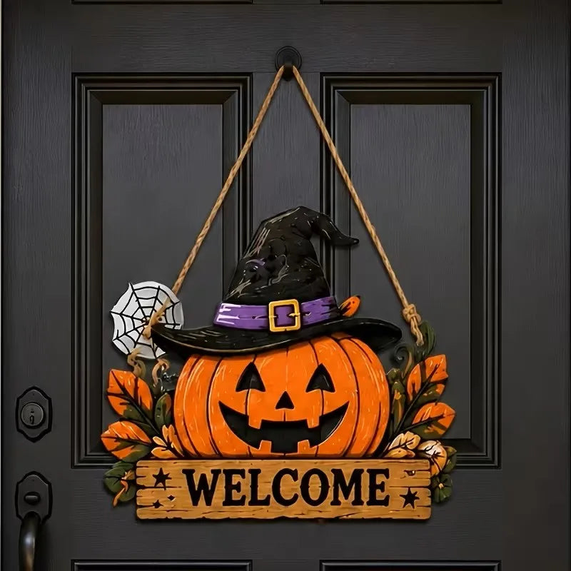 Halloween Wooden Door Sign – Black Cat Pumpkin Skull Plaque