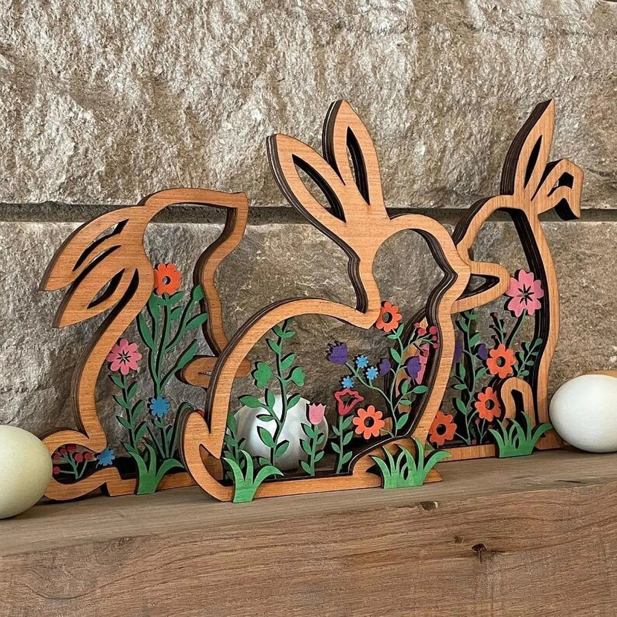 Wooden Easter Bunny Tabletop Signs – Set of 3 Decor Plaques
