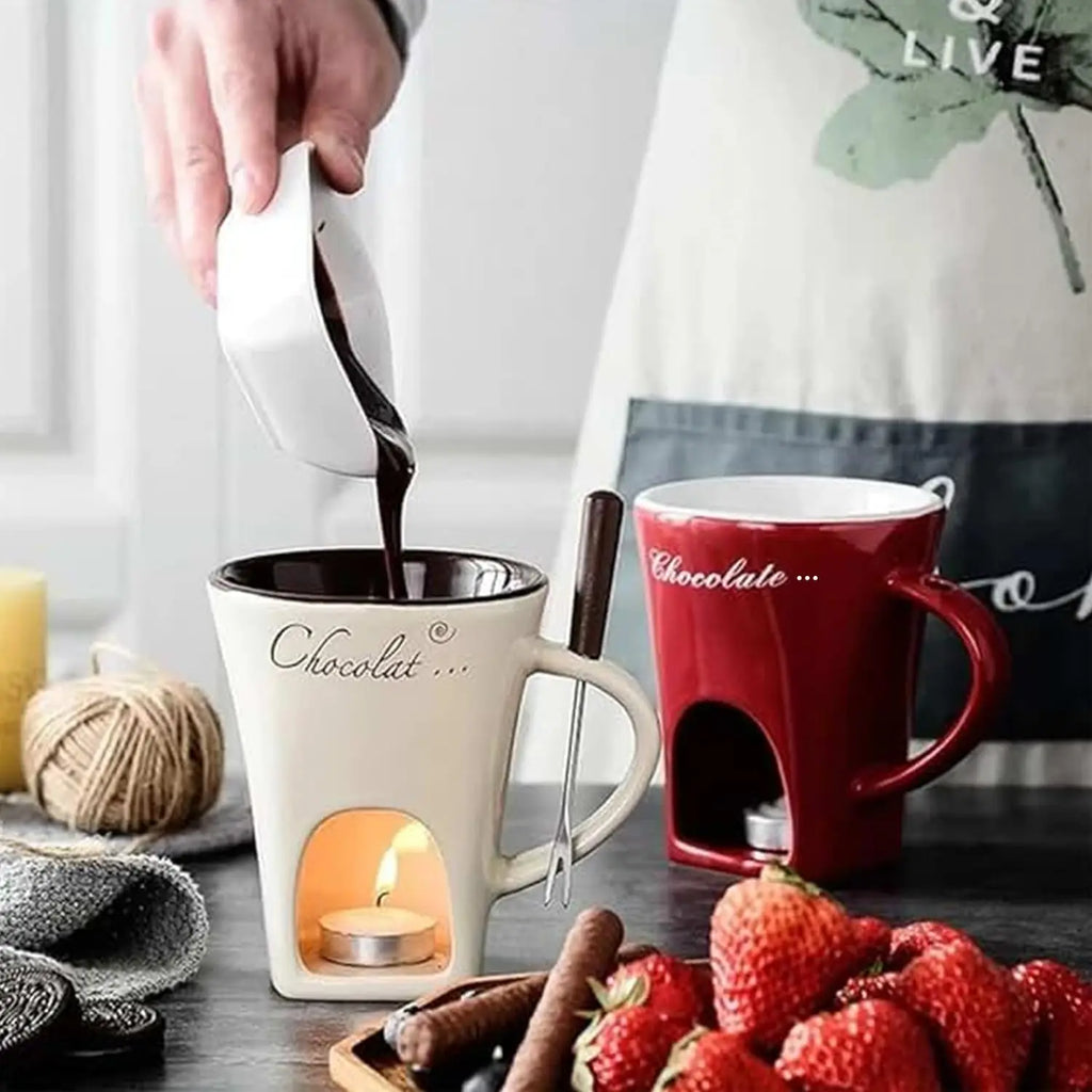 Ceramic Chocolate Melting Cup Set with Fork & Candle Base