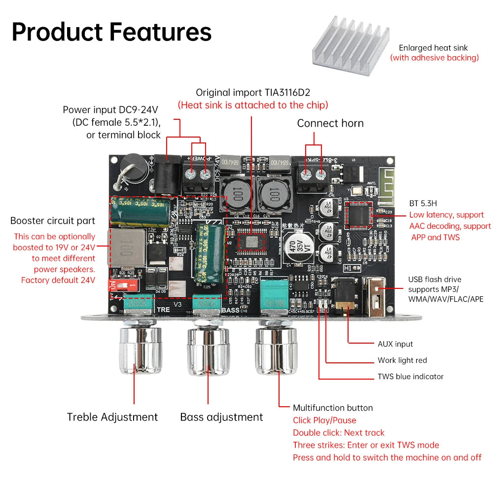 ZK-1001U 100W Mono Bluetooth 5.3 Amplifier Board TPA3116D2