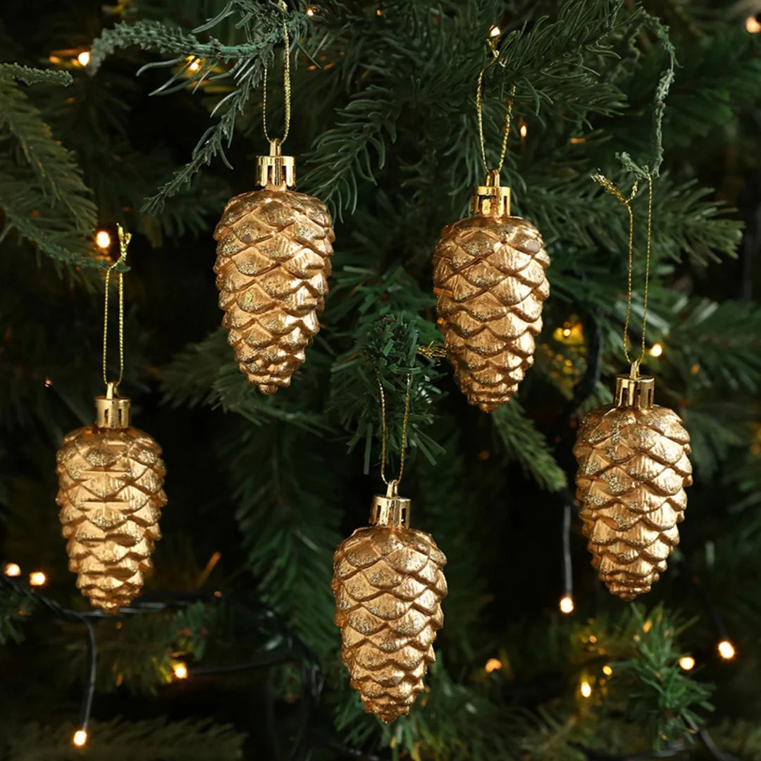 Retro Gold Glitter Christmas Pine Cone & Star Ornaments