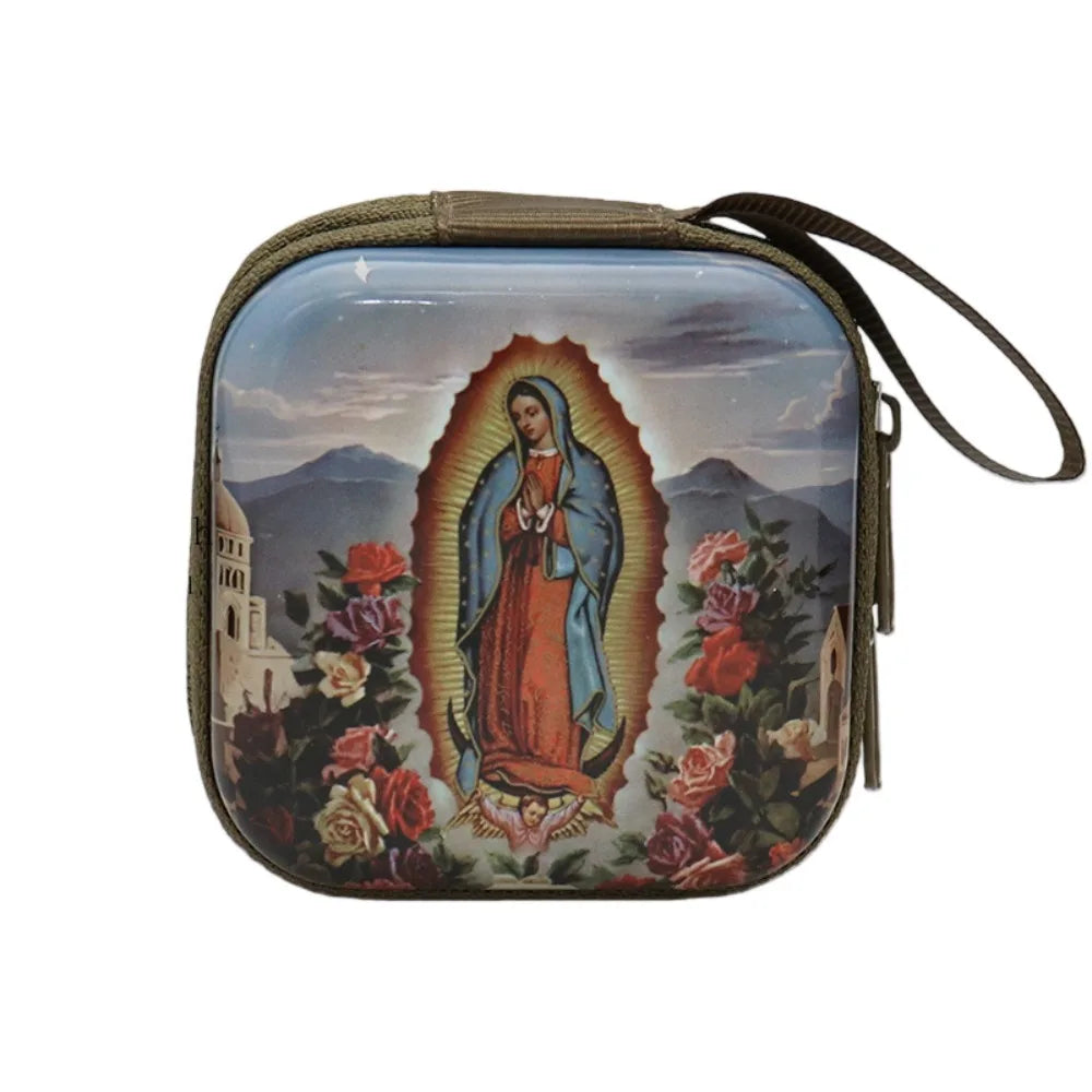 Virgin Mary Rosary Storage Box – Zippered Metal Christian Gift