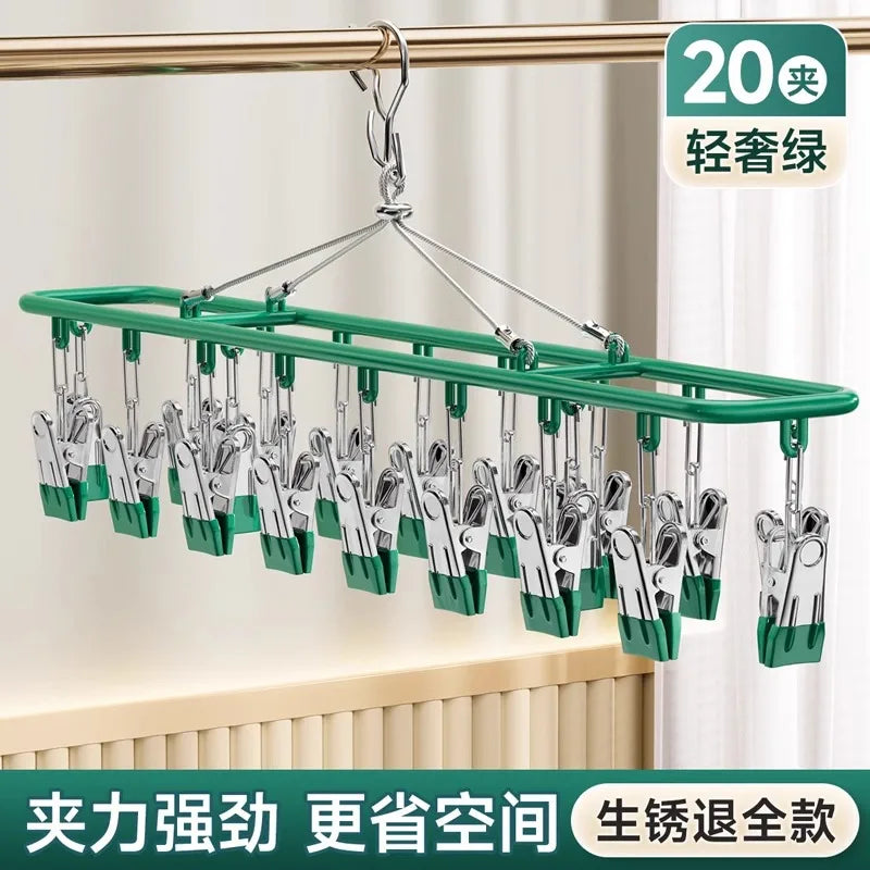 Stainless Steel Multi-Clip Sock Hanger – Windproof Laundry