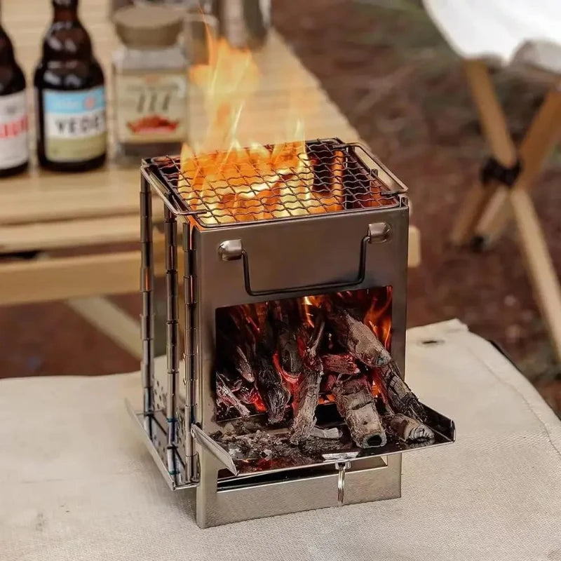Folding Stainless Steel Charcoal Camp Stove & BBQ Grill