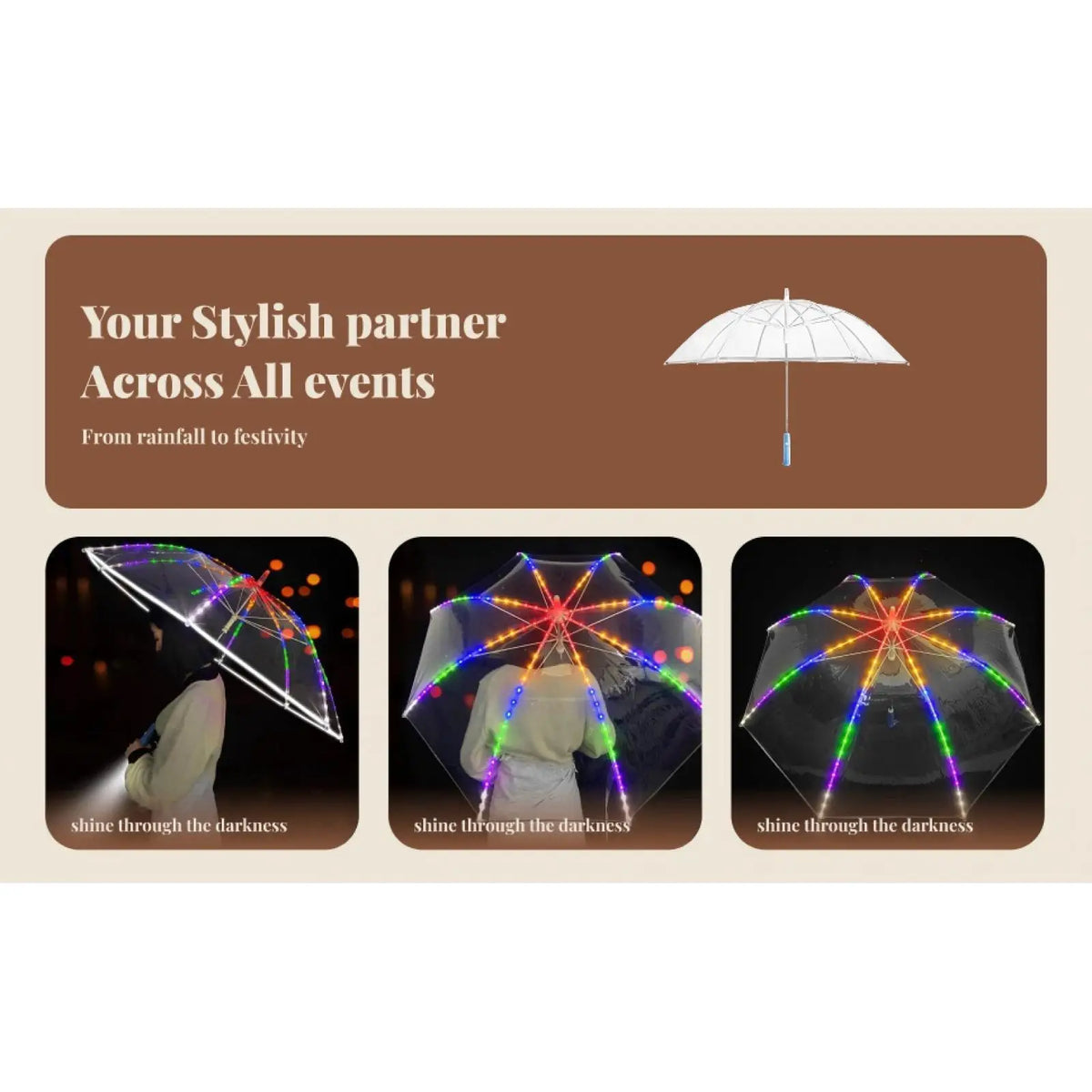 LED Flashlight Rain Umbrella – Clear Windproof 8-Rib Straight