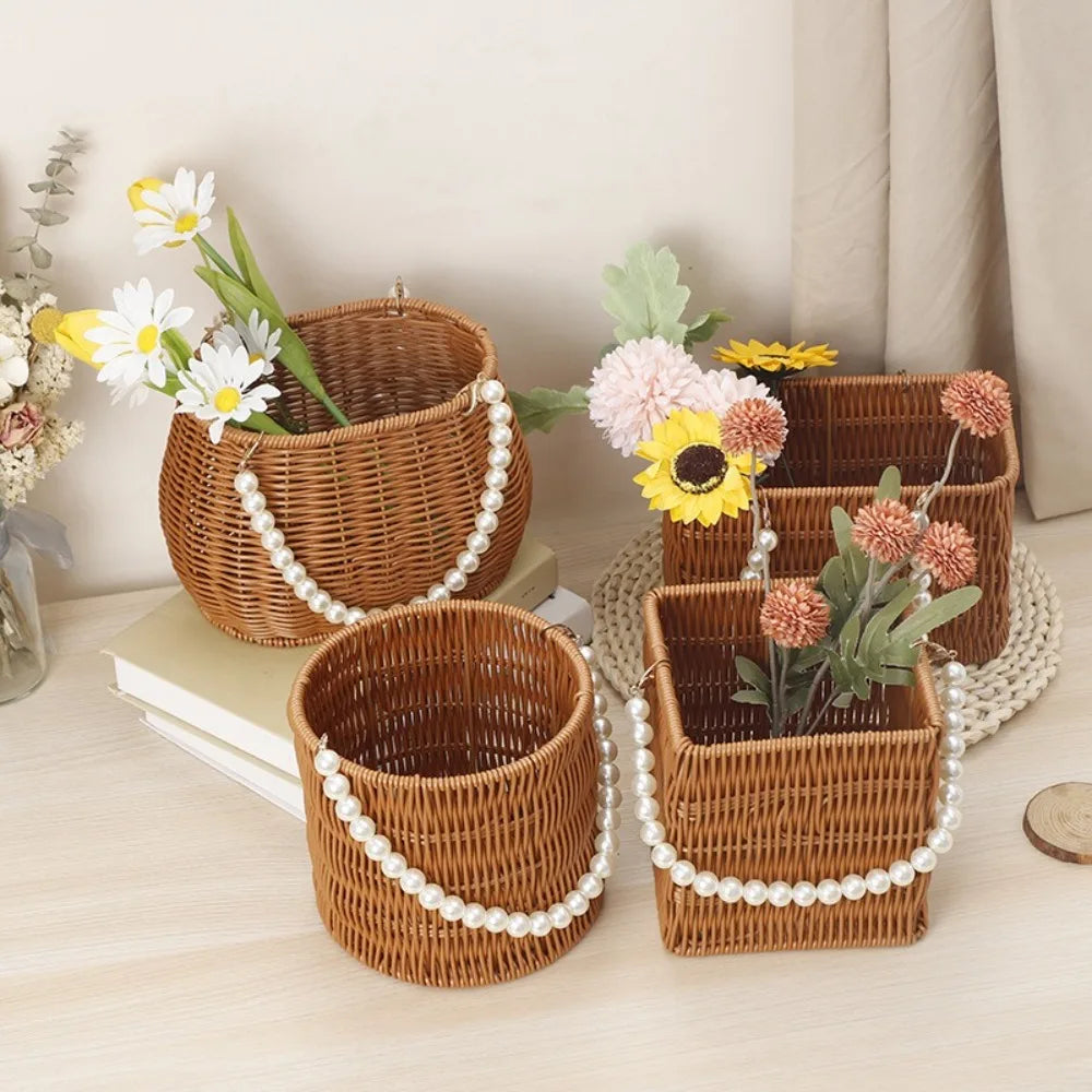 Pearl Handle Imitation Rattan Flower Basket – Wedding Décor