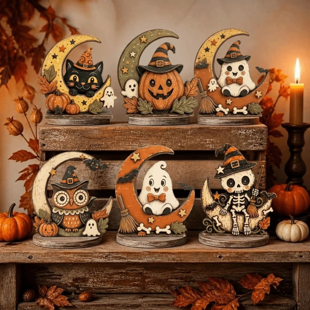 Halloween Wooden Tabletop Signs – Ghost, Pumpkin, Owl & Cat