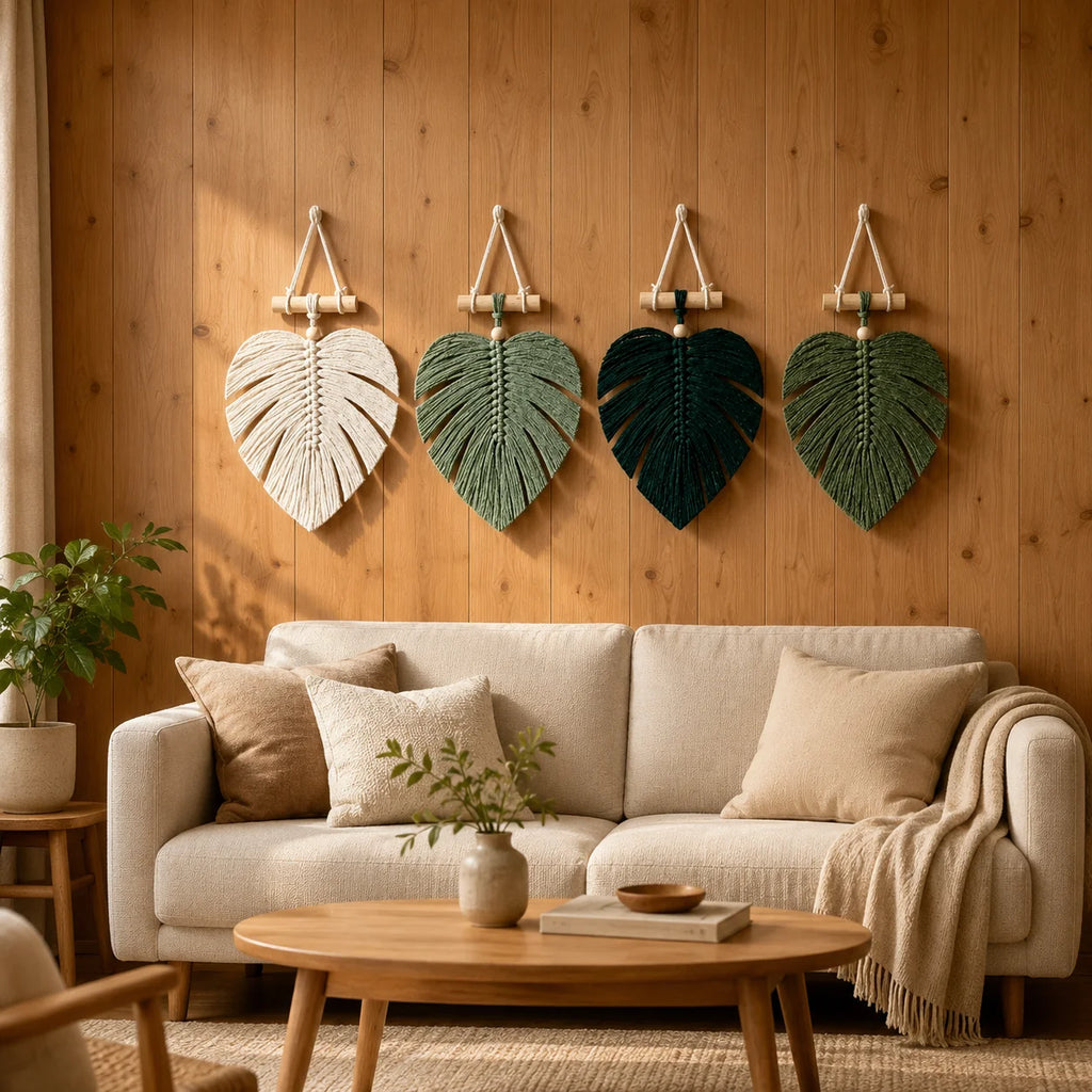Boho Macrame Leaf Wall Hanging – Handmade Cotton Monstera Decor