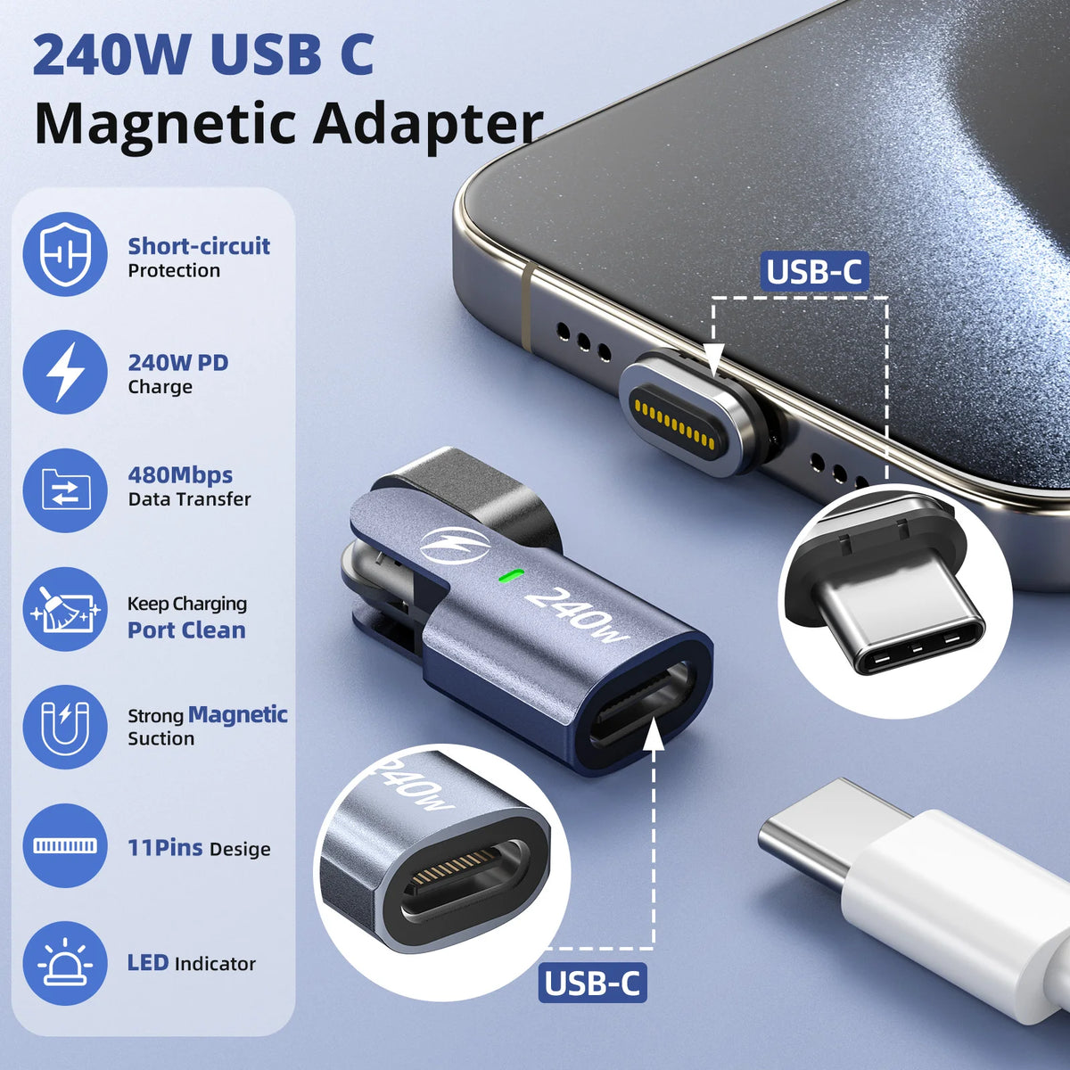 Magnetic USB-C OTG Adapter 240W PD Fast Charging & Data