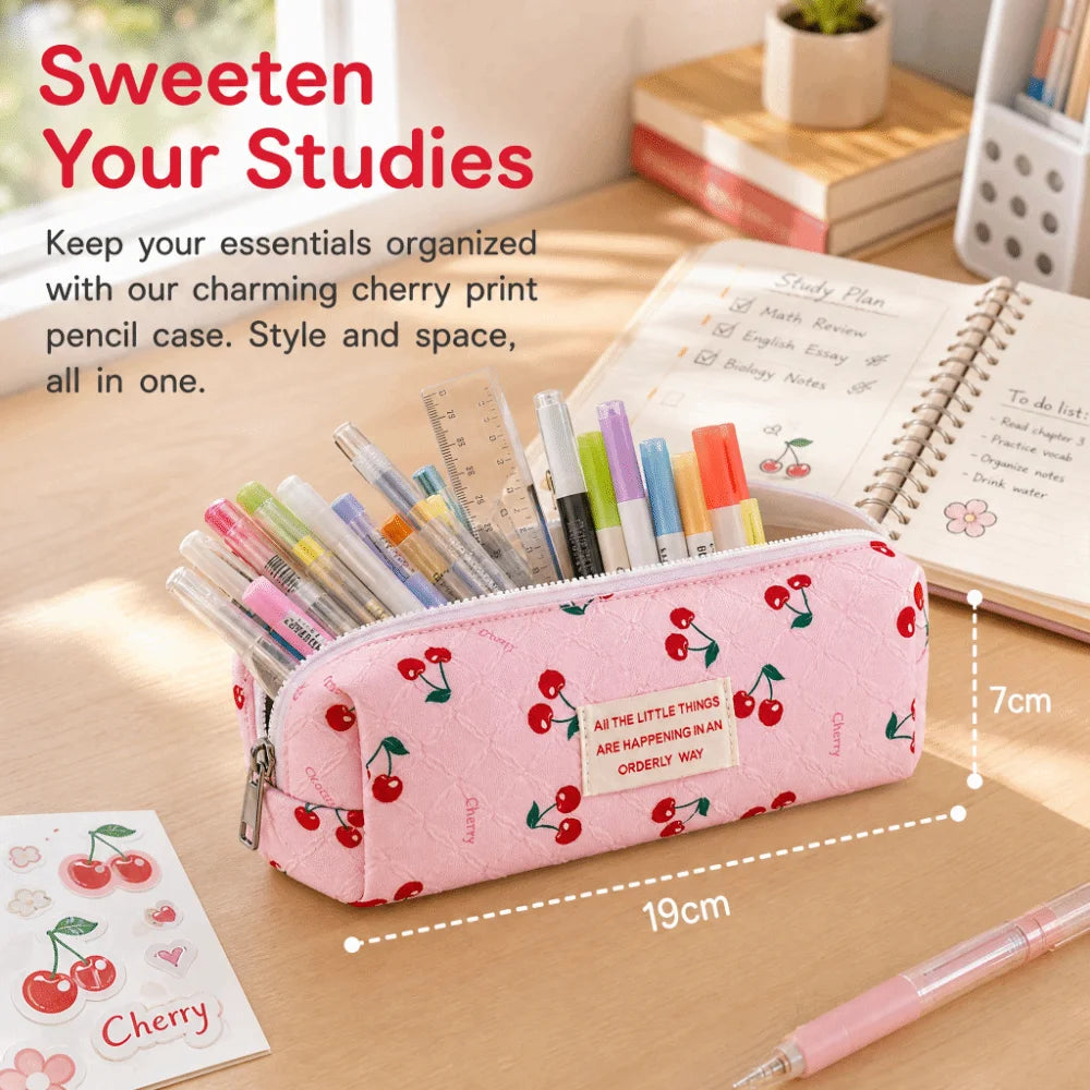 Korean Cherry Print Pencil Case – Large Capacity Quilted Pouch