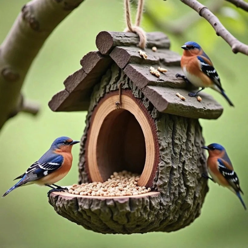 Resin Tree Stump Bird Feeder & Nest Garden Sculpture Decor