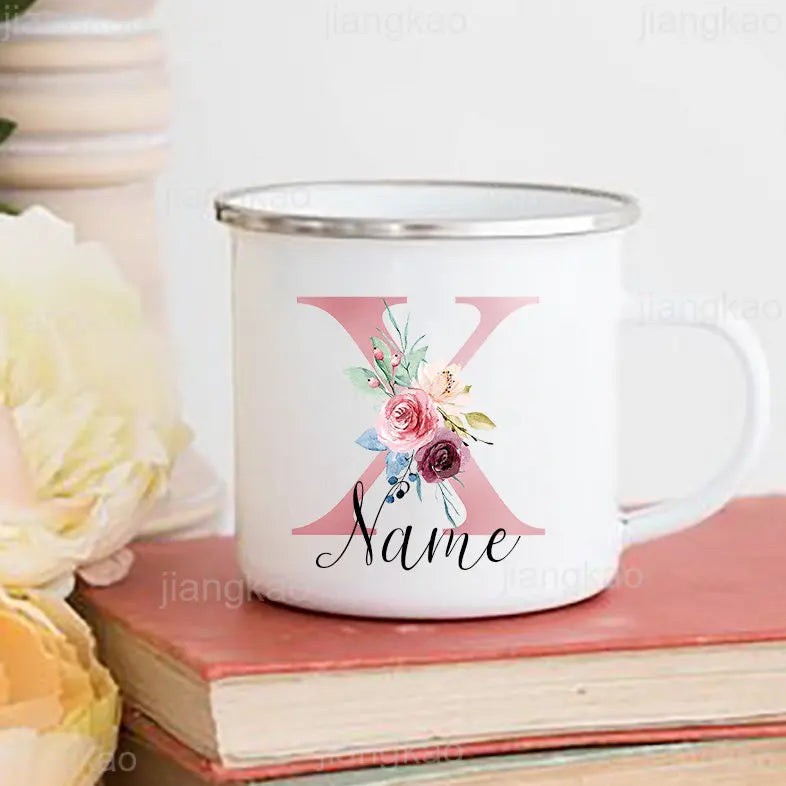 Personalized Floral Initial Enamel Mug – Custom Name Gift