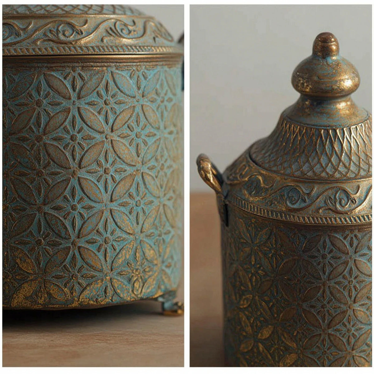 Patina Metal Vase with Lid & Handles | Sculptural Home Décor