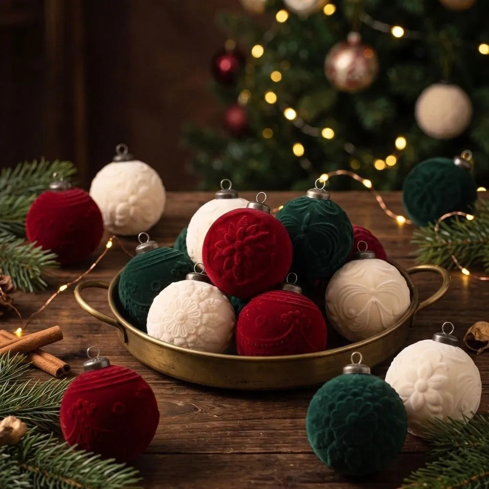 9-Piece Flocked Embossed Christmas Baubles Set – 8cm Ornaments