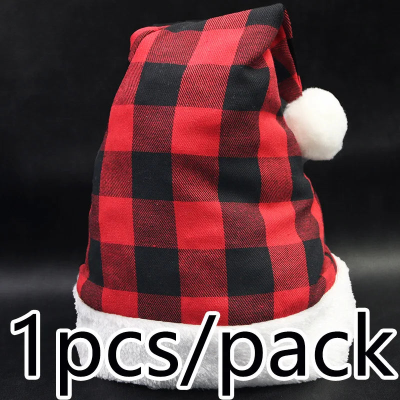 Red Black Checkered Christmas Hat – Plush Trim | Kids & Adults