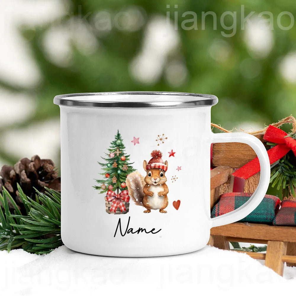 Personalized Christmas Enamel Mug – Deer, Santa & Bear Design