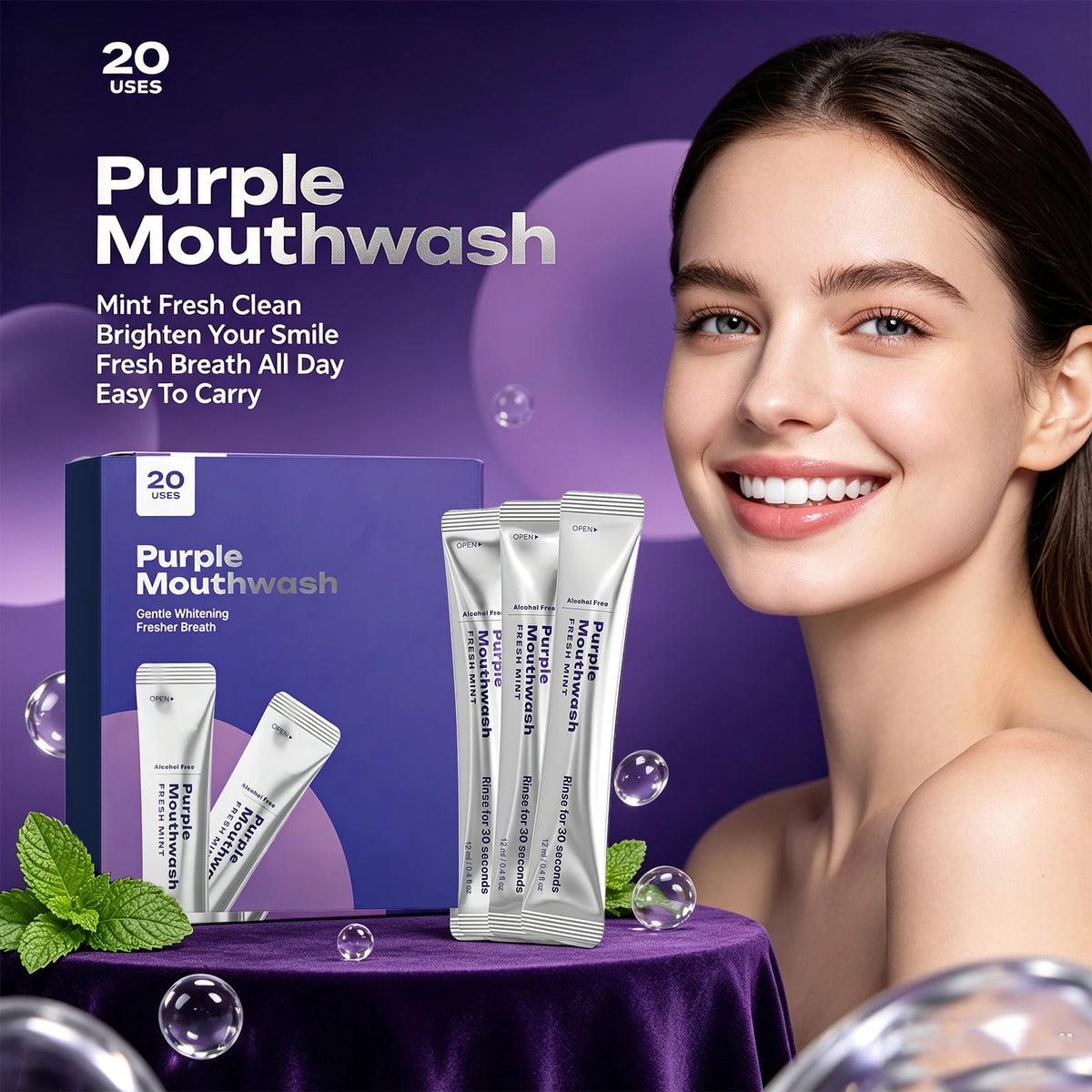 Purple Mint Portable Mouthwash Sachets – Fresh Breath 20PCS
