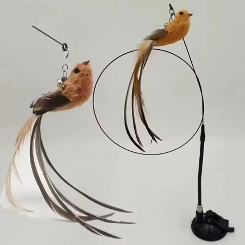 Feather Suction Cup Cat Toy Teaser Stick with Bell & Bird Head