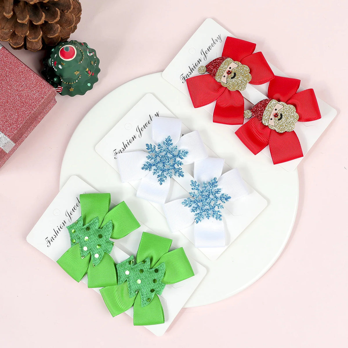 2-Pack Christmas Bow Hair Clips – Santa Snowflake Hairpins