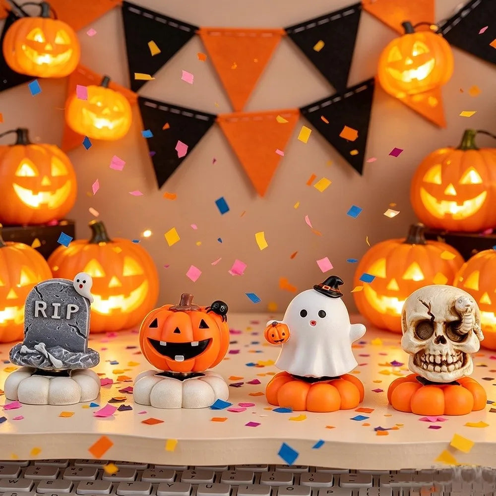 Resin Halloween Ghost Figurine | Mini Pumpkin & Skull Decor