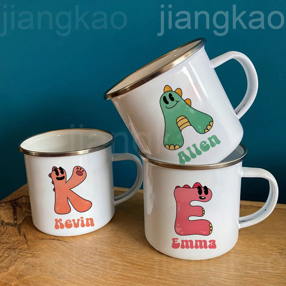 Personalized Kids Dinosaur Enamel Mug – Custom Name & Initial